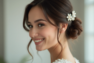 Mariée souriante avec coiffure élégante et perles