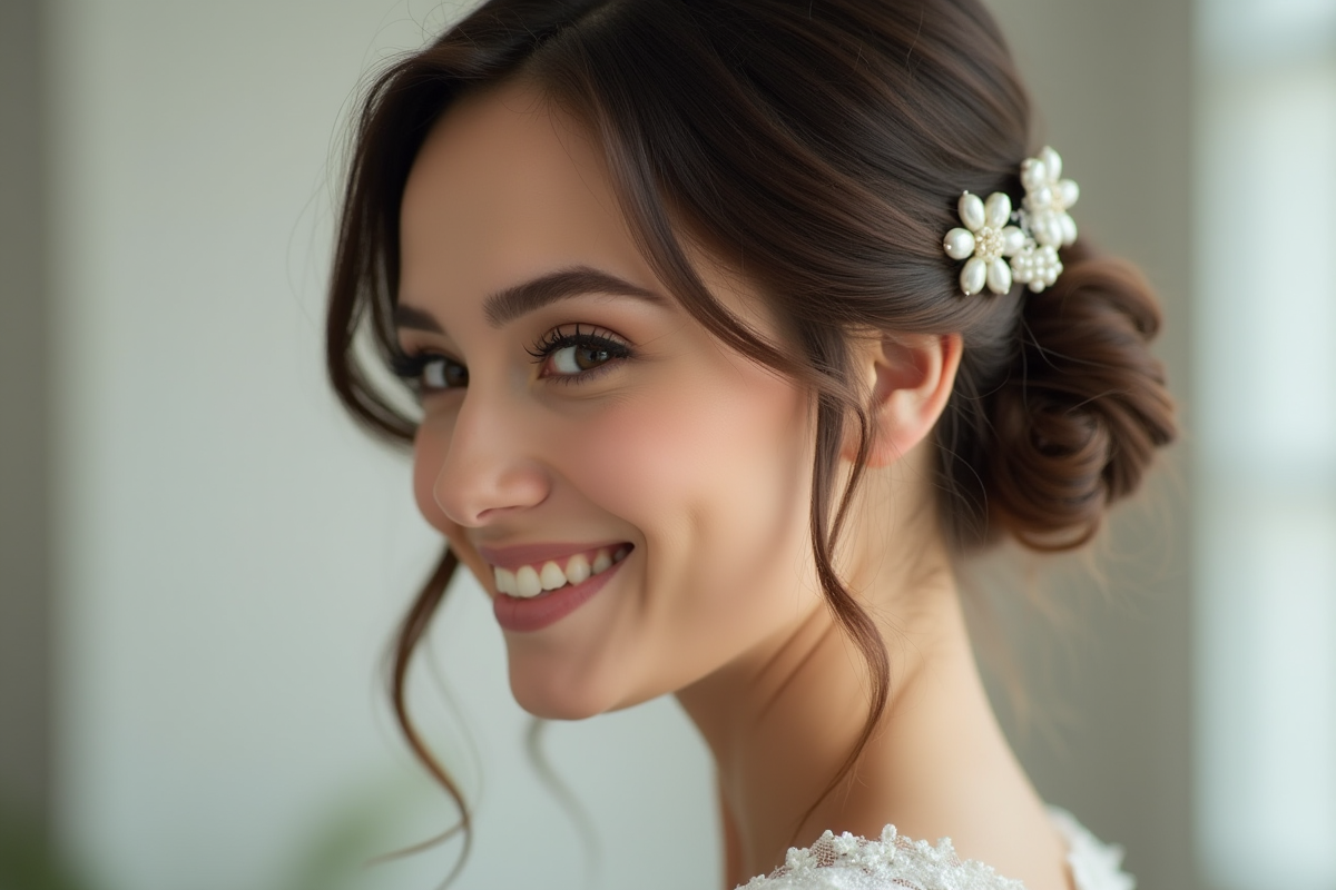 Mariée souriante avec coiffure élégante et perles