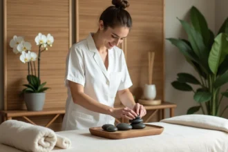 Masseuse professionnelle préparant une table de massage avec des pierres et des serviettes roulées dans un spa zen