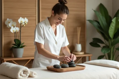 Masseuse professionnelle préparant une table de massage avec des pierres et des serviettes roulées dans un spa zen