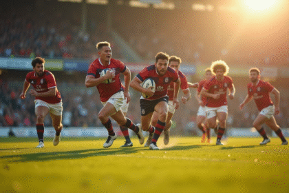 Moment intense d'un match de rugby en action sur un terrain ensoleille