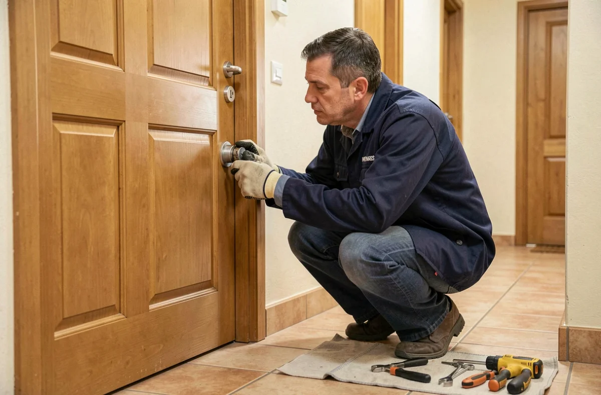 Serrurier de MCR La Serrurerie installant une serrure haute sécurité dans un couloir d'immeuble à Rennes