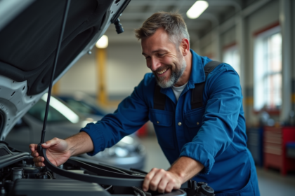 Mécanicien homme inspectant une courroie dans un garage