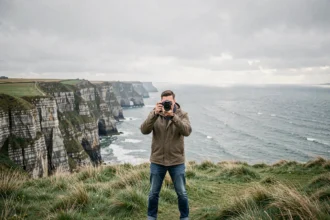 Photographe professionnel tenant un appareil photo face aux falaises normandes de la Manche