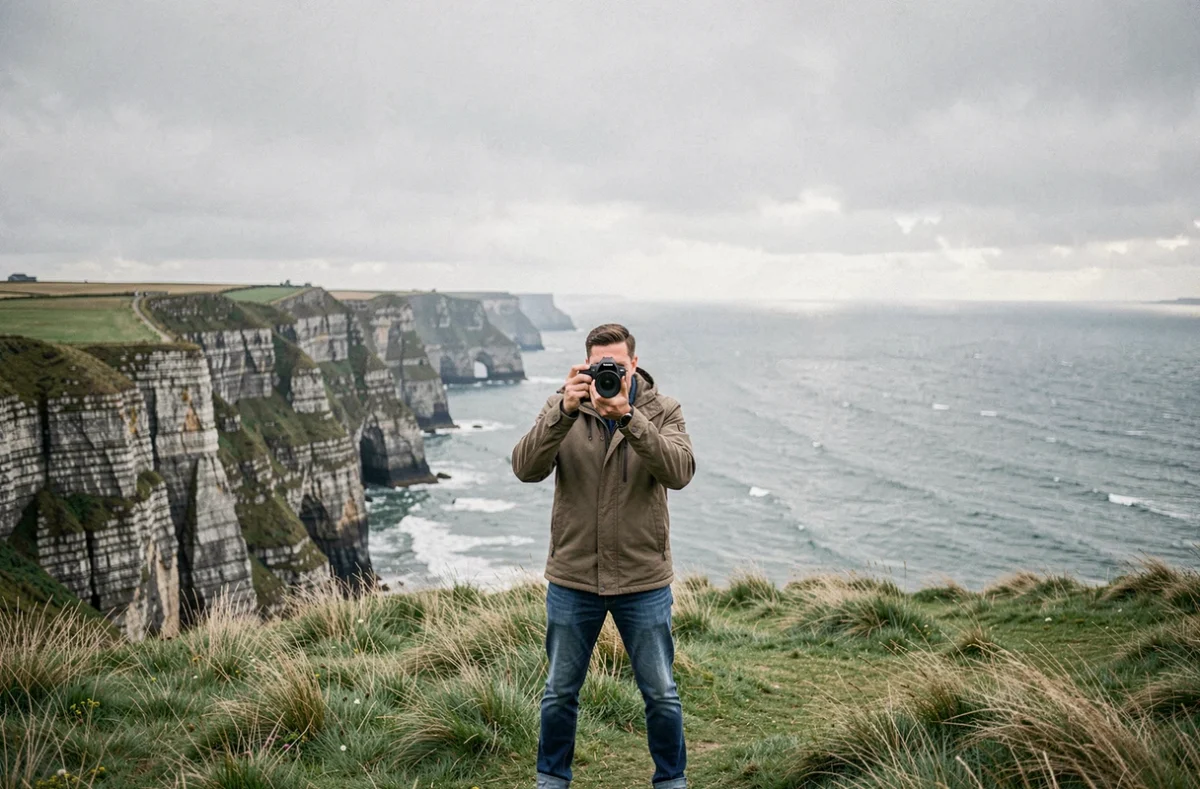 Photographe professionnel tenant un appareil photo face aux falaises normandes de la Manche