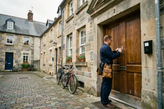Serrurier professionnel travaillant sur une porte d'entrée dans une rue typique de Rennes