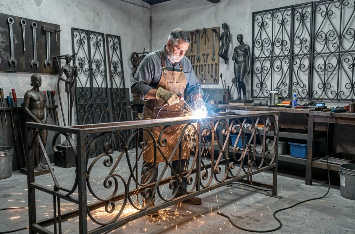 Artisan de Metal Fer Création soudant des éléments de portail en fer forgé décoratif dans son atelier de Rennes