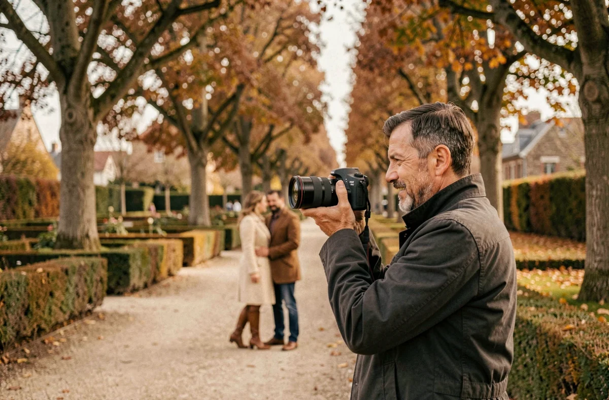 Photographe Mickael Lequertier dirigeant une séance photo de couple dans un parc normand