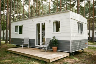 Mobil-home neuf blanc et gris installé sur un terrain de camping arboré avec terrasse en bois et mobilier extérieur moderne