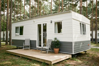 Mobil-home neuf blanc et gris installé sur un terrain de camping arboré avec terrasse en bois et mobilier extérieur moderne
