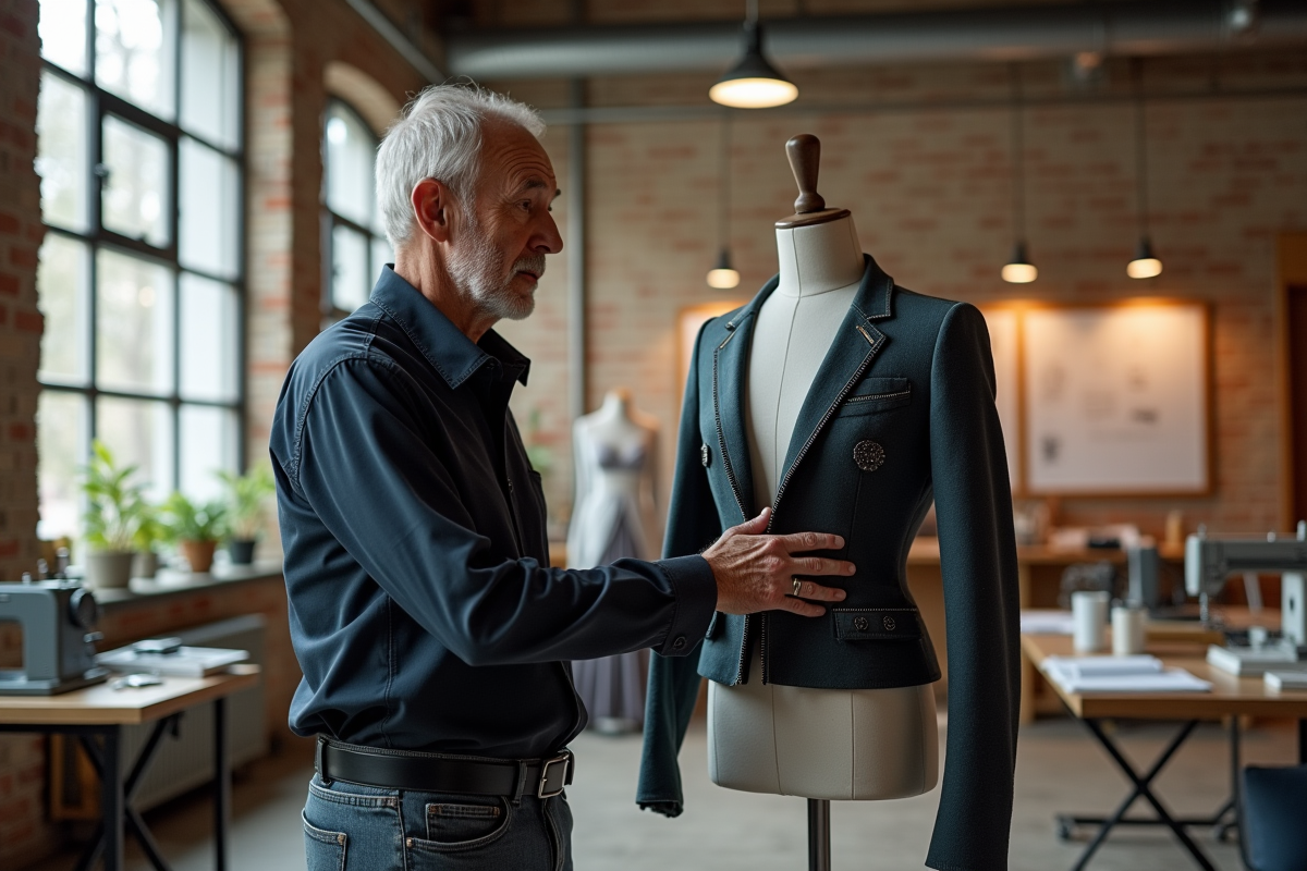 Designer modeur avec mannequin portant une veste connectee
