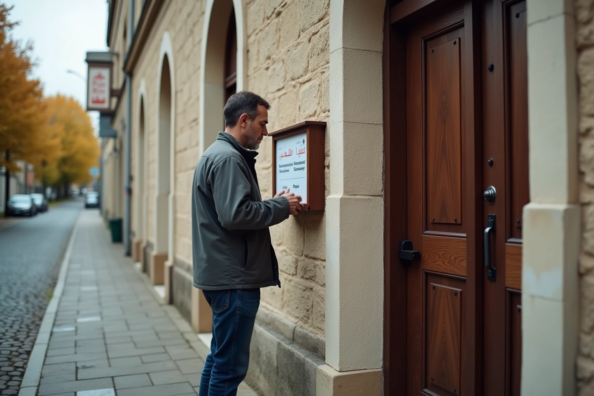 Homme lisant le tableau des horaires de prière affiché à l'entrée d'une mosquée de Compiègne