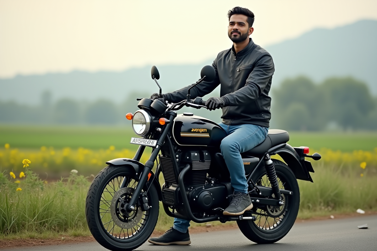 Jeune homme sur une moto Avenger 125cc en campagne