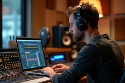 Musicien professionnel utilisant un simulateur de niveau sonore sur ordinateur dans un studio d'enregistrement