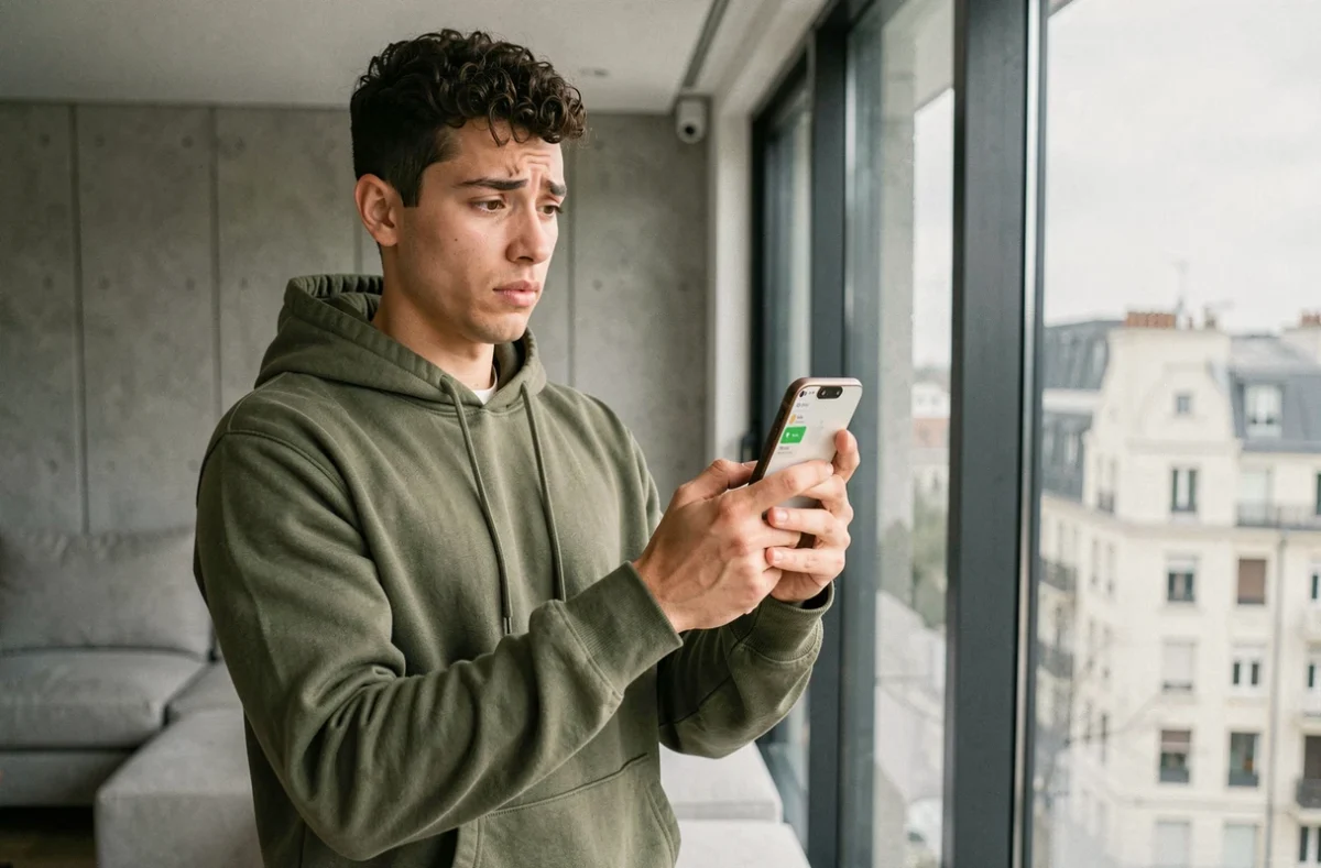 Jeune homme vérifiant un numéro masqué sur son téléphone depuis son appartement parisien