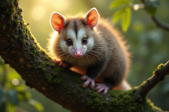 Opossum curieux perché sur une branche mousseuse en journée