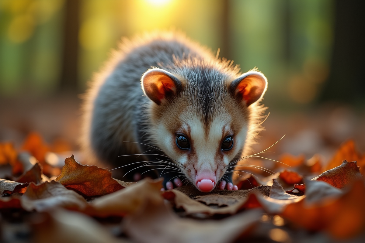 Opossum cherchant de la nourriture sur le sol de la forêt au matin
