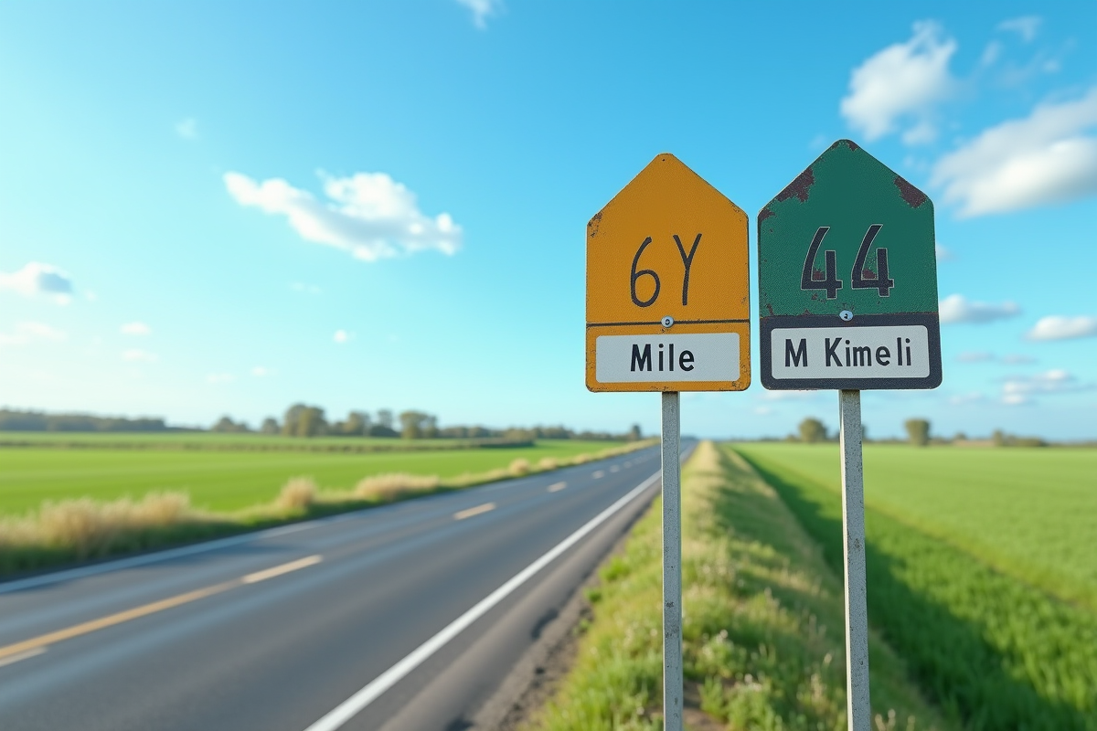 Panneaux routiers indiquant miles et kilomètres en campagne ensoleillée