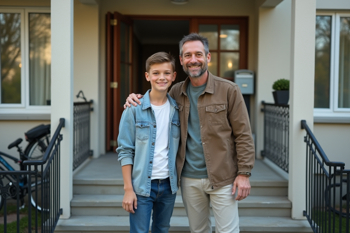 Père et fils devant leur nouvel appartement en extérieur