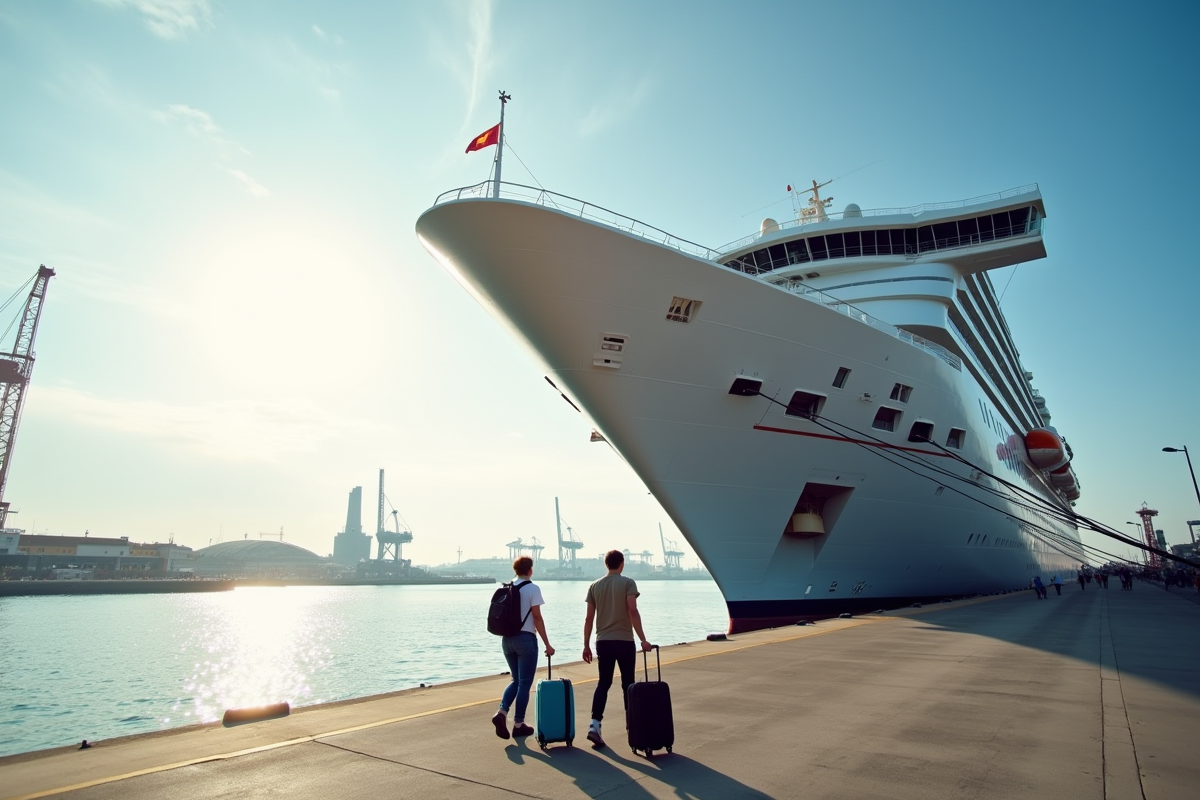 Grand paquebot moderne au port ensoleille avec passagers