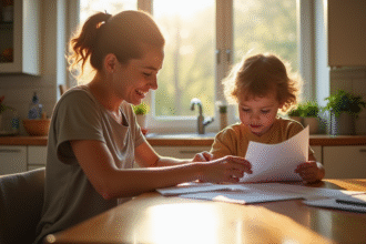 Parent seul avec enfant dans la cuisine lumineuse