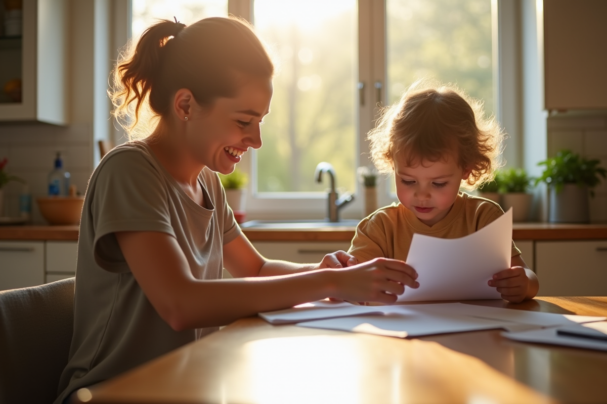 Parent seul avec enfant dans la cuisine lumineuse