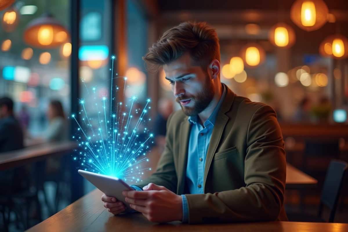 Personne confiante utilisant une tablette dans un café urbain avec connexions VPN colorées