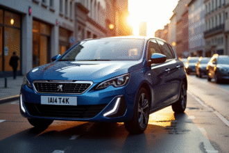 Peugeot 308 GT Line bleue en ville au coucher du soleil