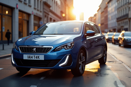 Peugeot 308 GT Line bleue en ville au coucher du soleil