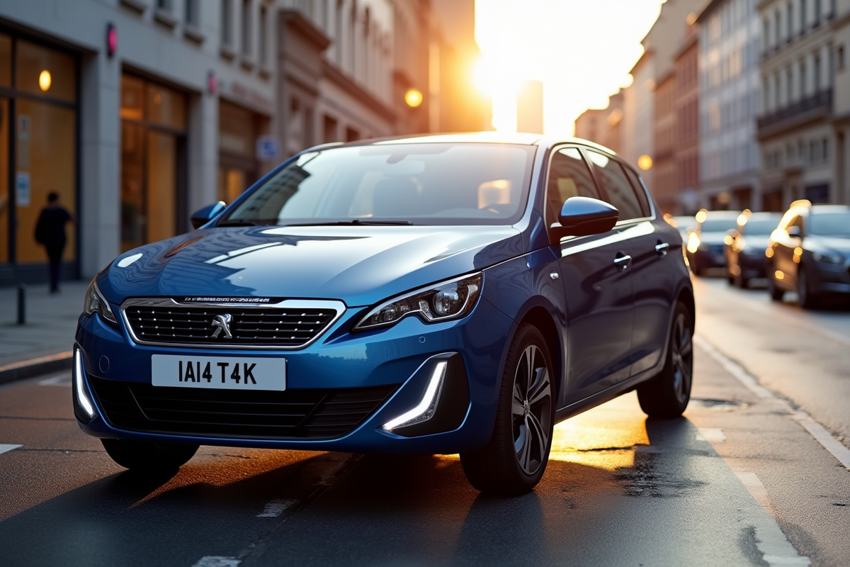 Peugeot 308 GT Line bleue en ville au coucher du soleil