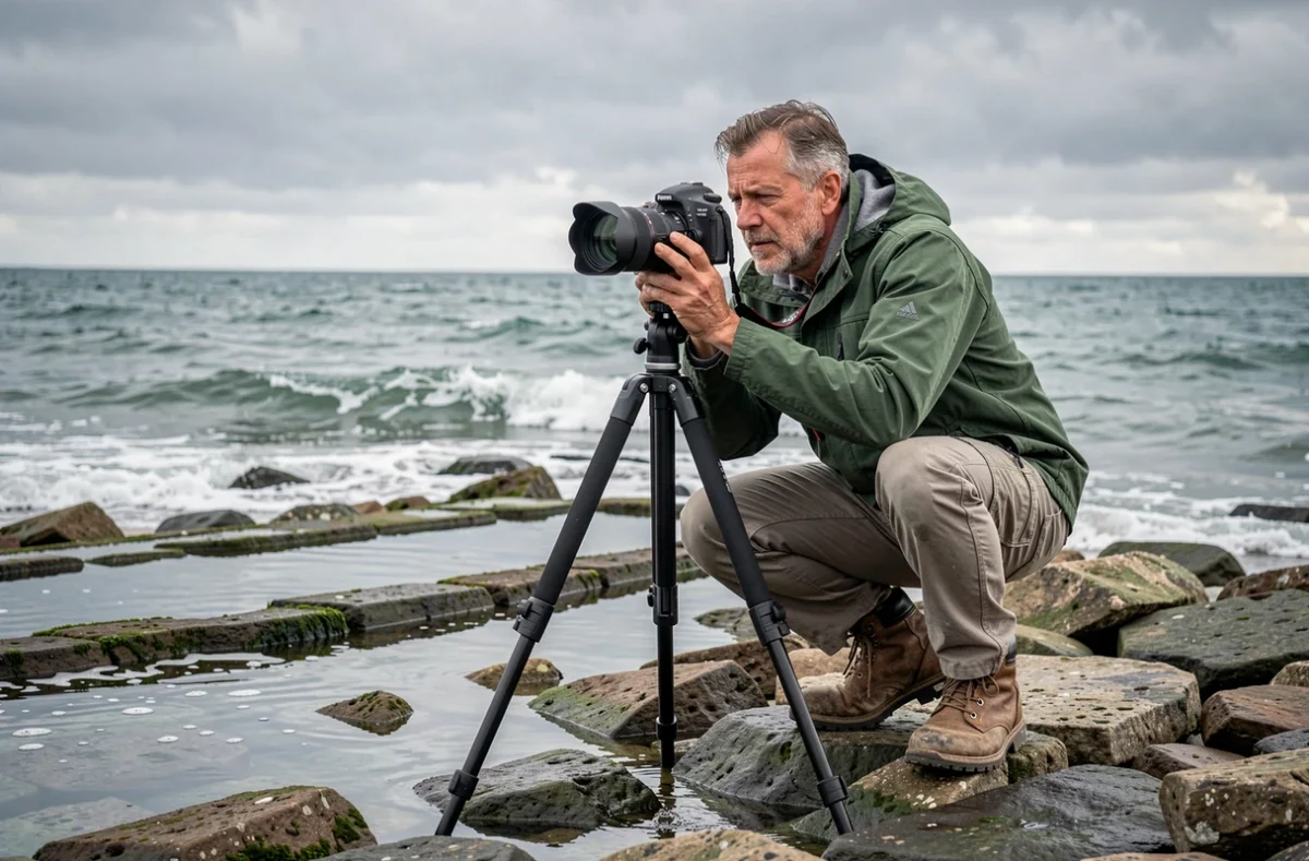 Photographe Philippe Fauvel cadrant un paysage côtier normand avec son trépied sur la plage