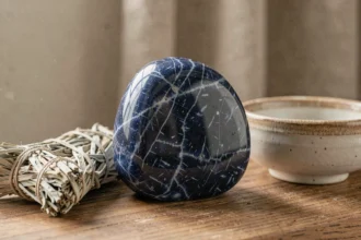 Pierre bleue sodalite polie posée sur une surface en bois avec de la sauge séchée, utilisée en lithothérapie