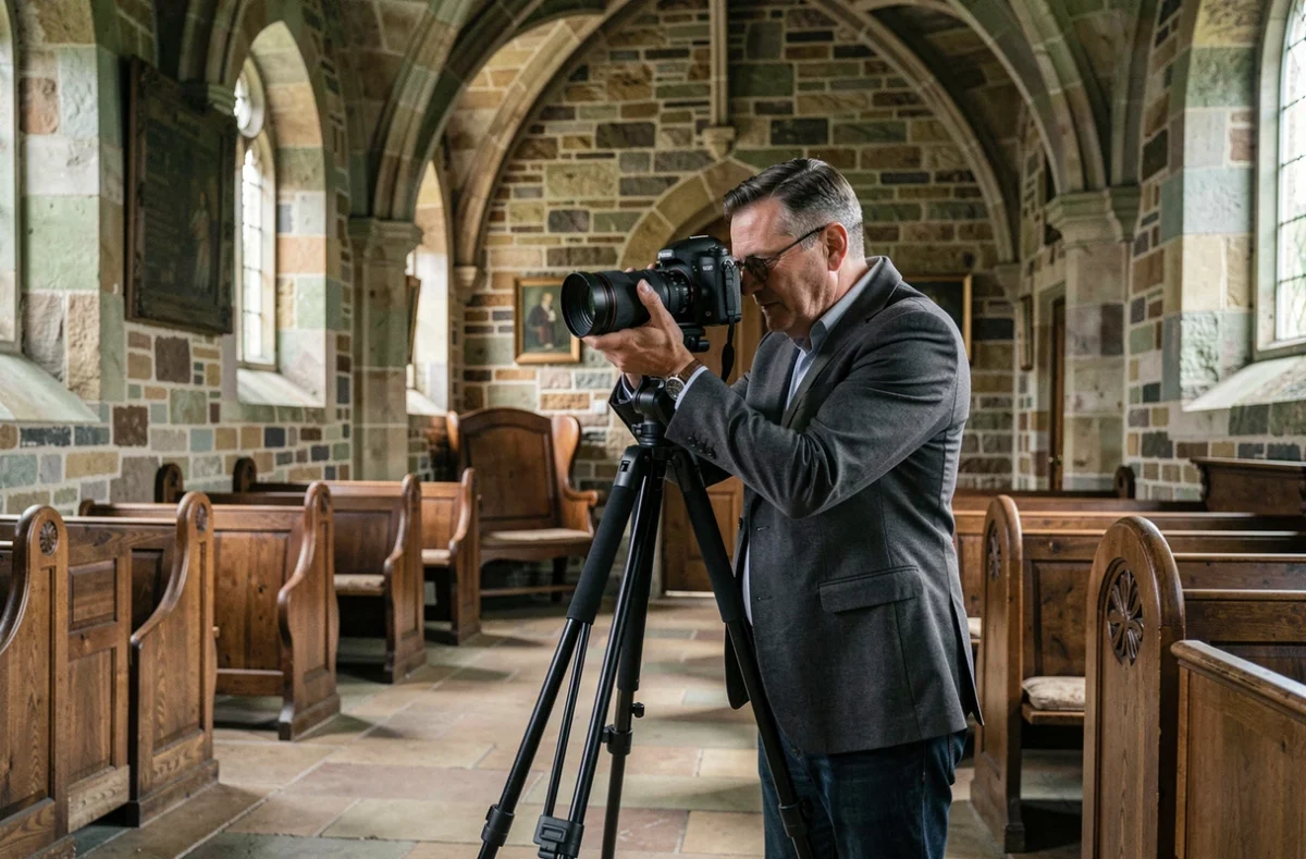 Photographe Pierre-Stéphane Berriot installant son trépied dans un bâtiment historique normand en pierre