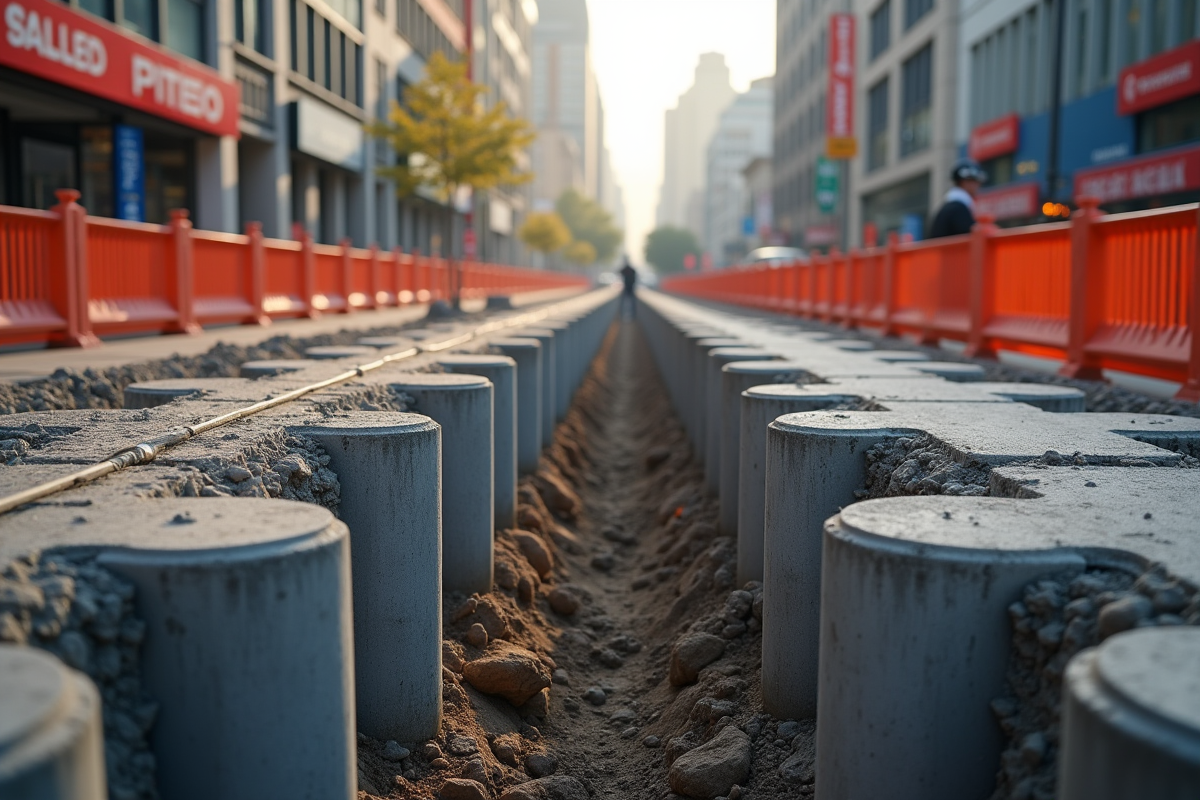 Gros plan sur pieux en béton avec armatures dans une rue animée
