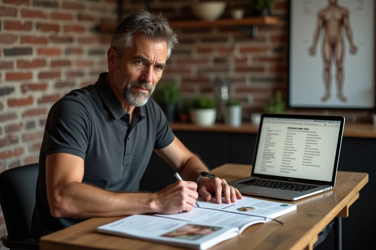 Praticien en bien-être rédigeant une annonce de massage à son bureau avec brochures et ordinateur