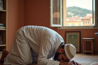 Homme en djellaba blanche faisant la prière sur un tapis de prière dans un appartement à Nice