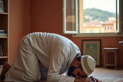 Homme en djellaba blanche faisant la prière sur un tapis de prière dans un appartement à Nice