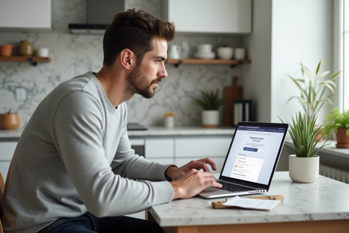 Un homme prend rendez-vous en ligne avec un notaire depuis son domicile sur un ordinateur portable