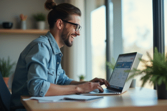 Professionnel souriant utilisant un ordinateur portable à un bureau lumineux