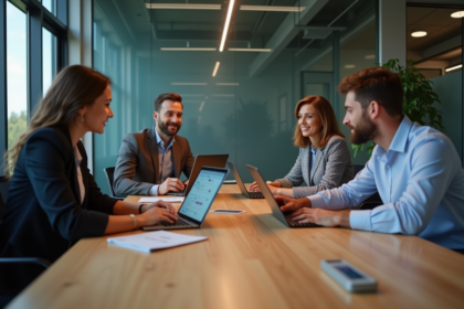 Quatre professionnels autour d'une table avec outils numériques