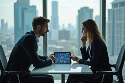 Jeune homme et femme en business casual analysant une tablette blockchain