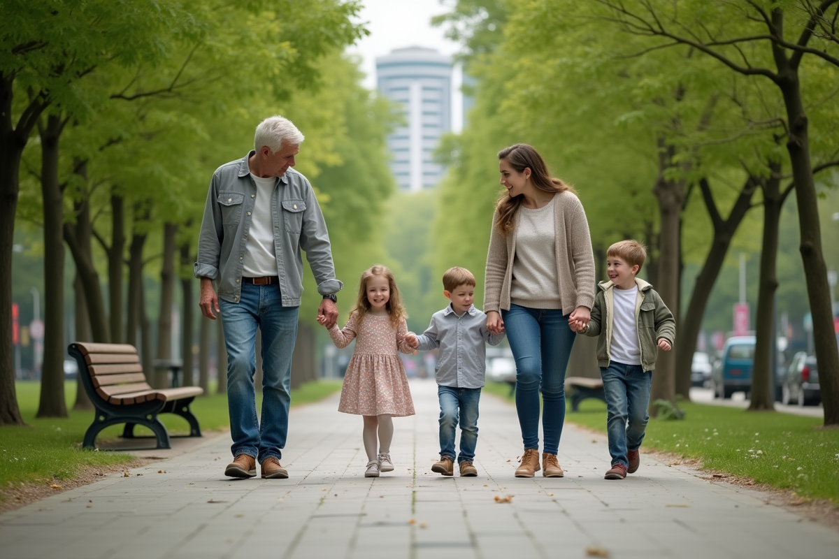 Famille se promenant dans un parc urbain en plein air