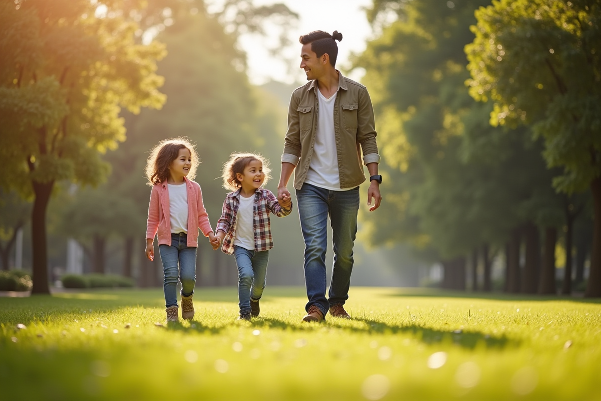 Parent et enfants se promenant dans un parc ensoleille