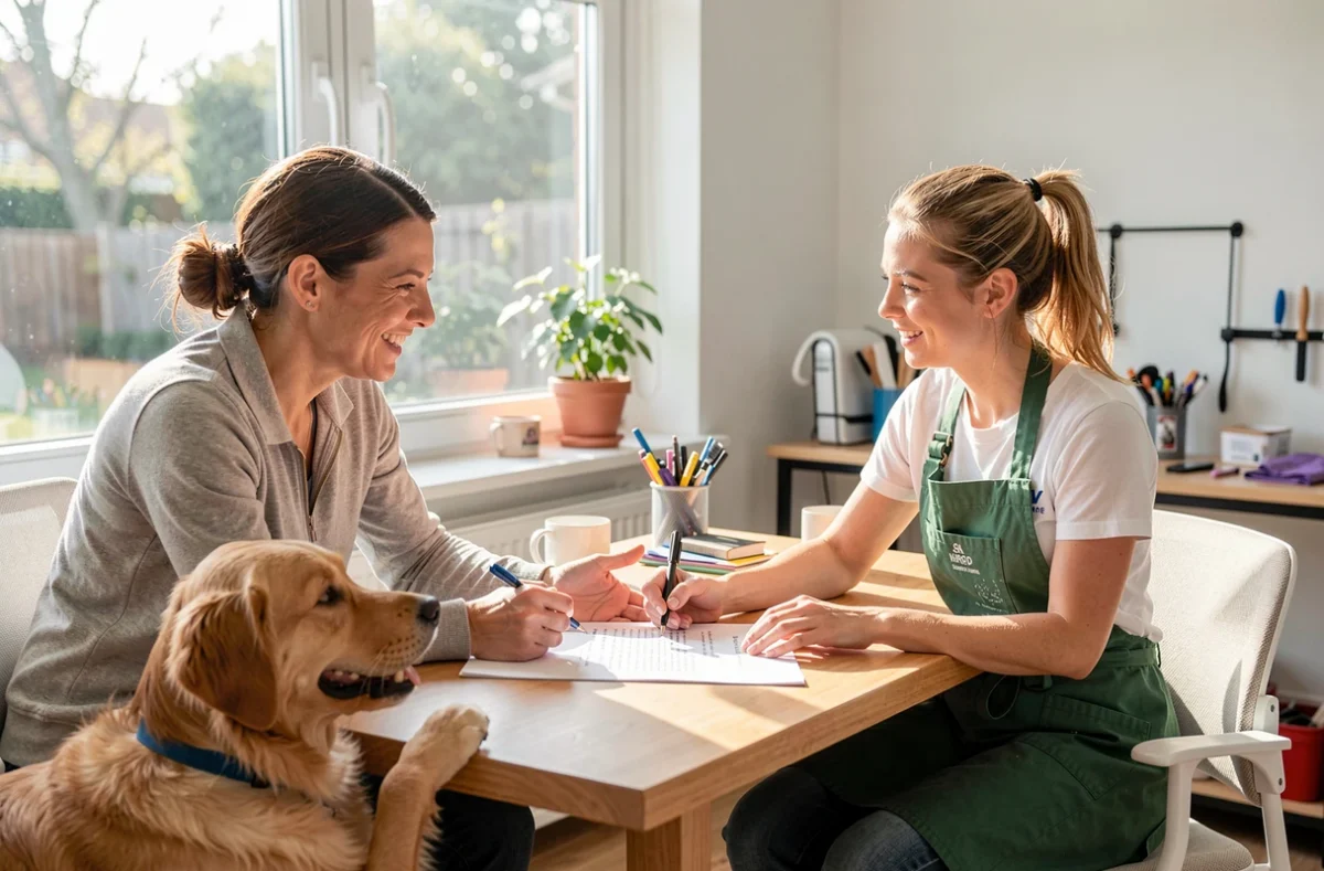 Propriétaire et toiletteuse comparant un devis avec un chien à proximité