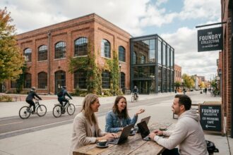 Trois jeunes professionnels travaillant en extérieur devant un espace de co-working dans le quartier de Gerland, Lyon, avec des entrepôts industriels rénovés en arrière-plan