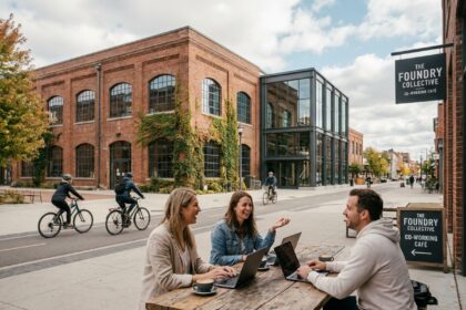 Trois jeunes professionnels travaillant en extérieur devant un espace de co-working dans le quartier de Gerland, Lyon, avec des entrepôts industriels rénovés en arrière-plan