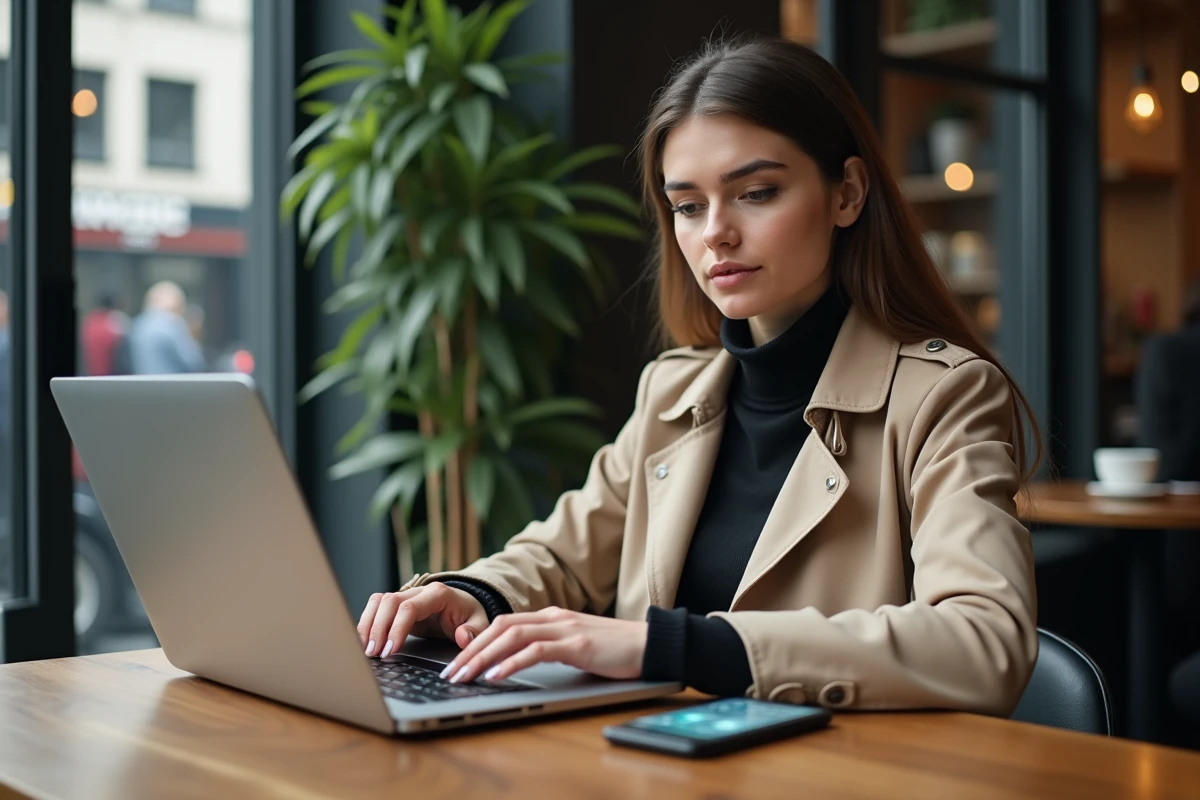 Jeune femme recherchant la fiabilité d'un numéro 0270 sur son ordinateur dans un café