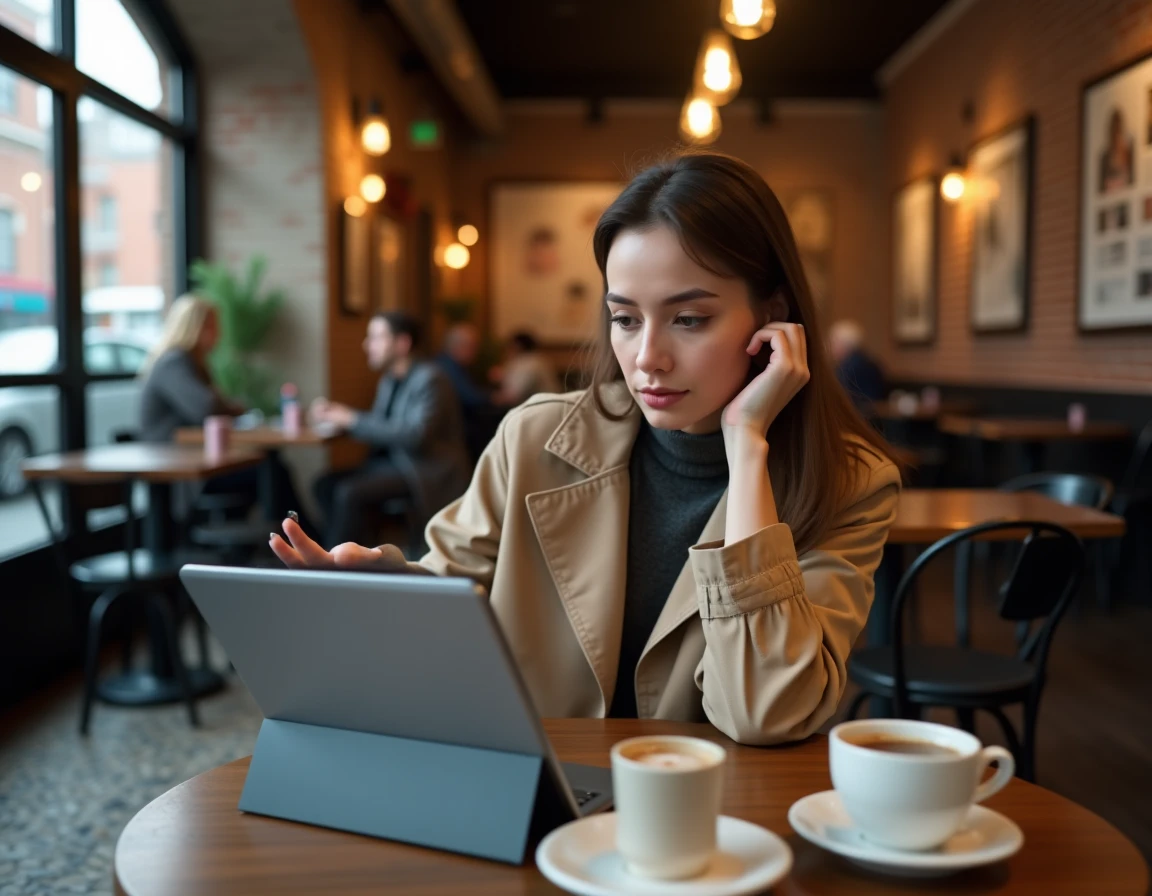 Jeune femme effectuant une recherche inversée par image sur tablette dans un café pour identifier une personne