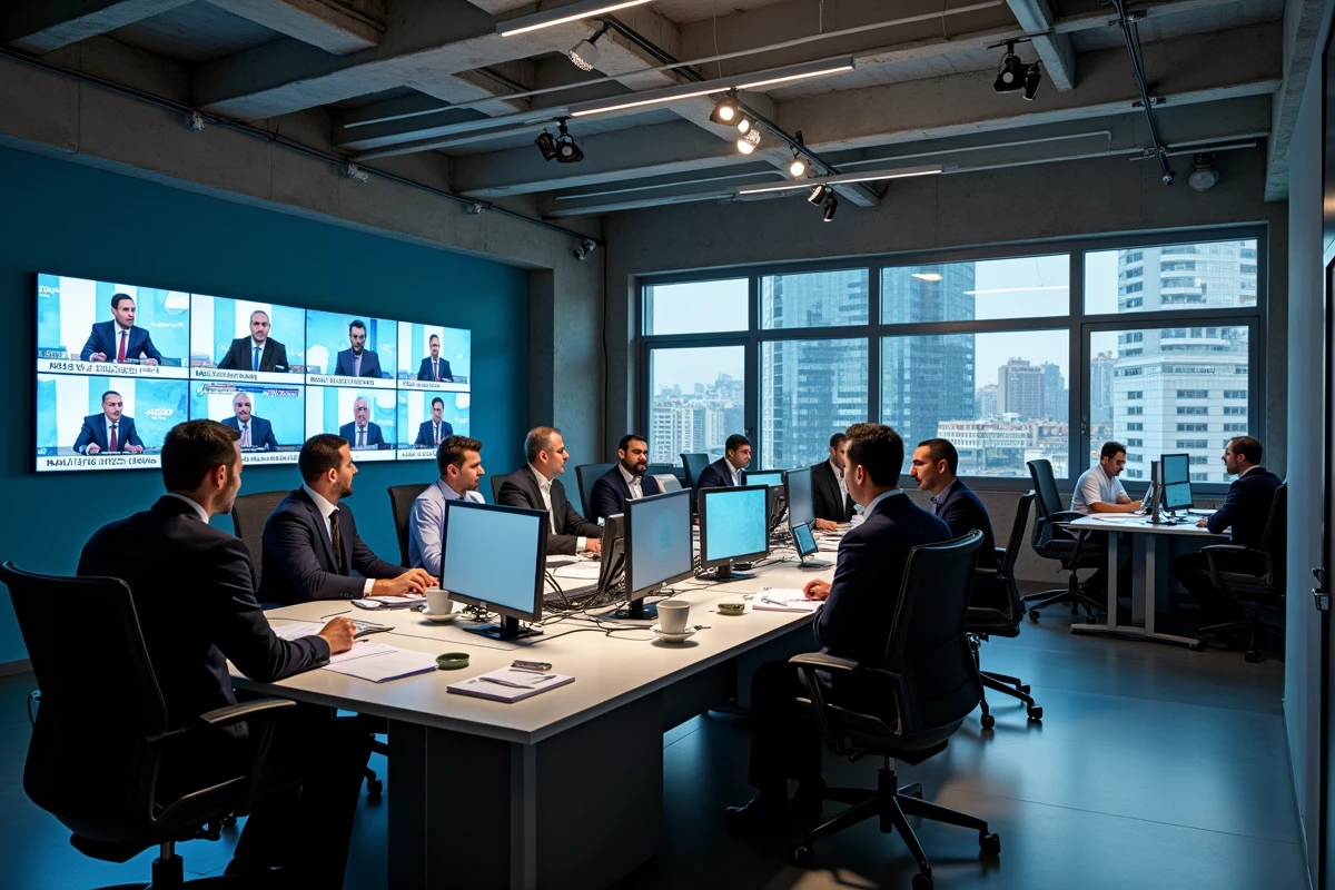 Salle de rédaction d'une chaîne d'information télévisée algérienne avec journalistes au travail