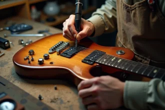 Luthier réglant la hauteur d'un micro Samarium Cobalt sur une guitare électrique dans un atelier de lutherie